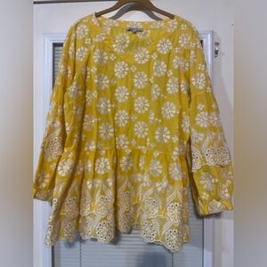 John Mark Sunflower Yellow Tunic with White Embroidered Floral Design